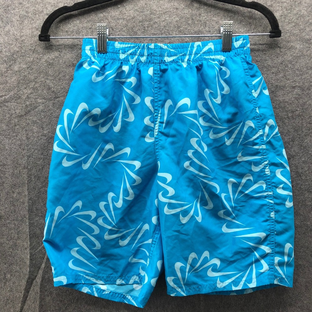 Nike Boys XL (18-20) Swim Trunks Blue Swoosh Logo Print Mesh Lined 8'' Youth